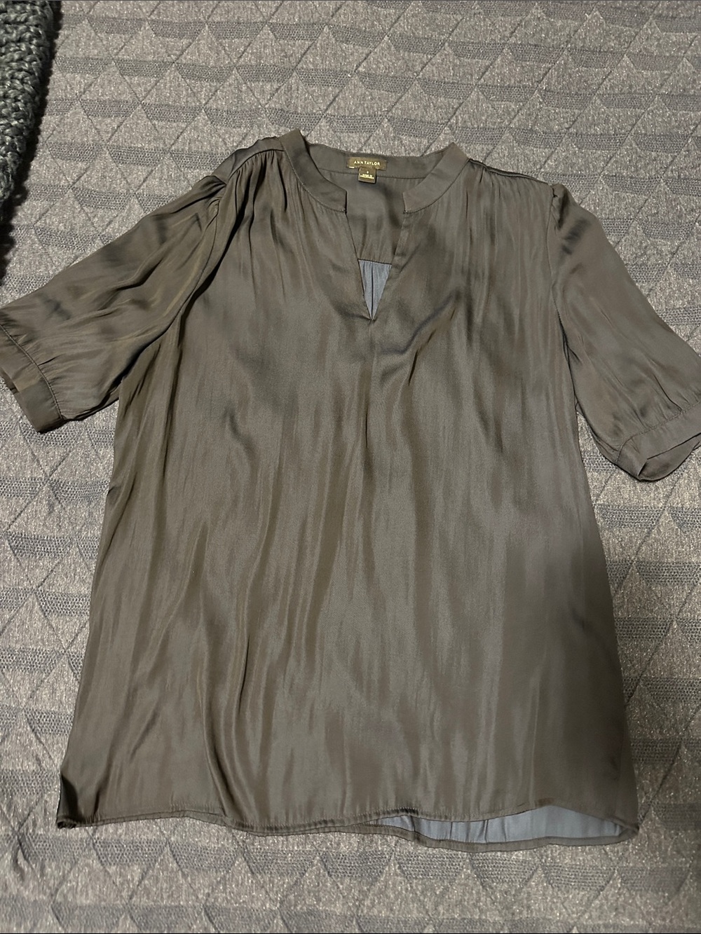 Ann Taylor Navy Short-Sleeve Split V-Neck Blouse